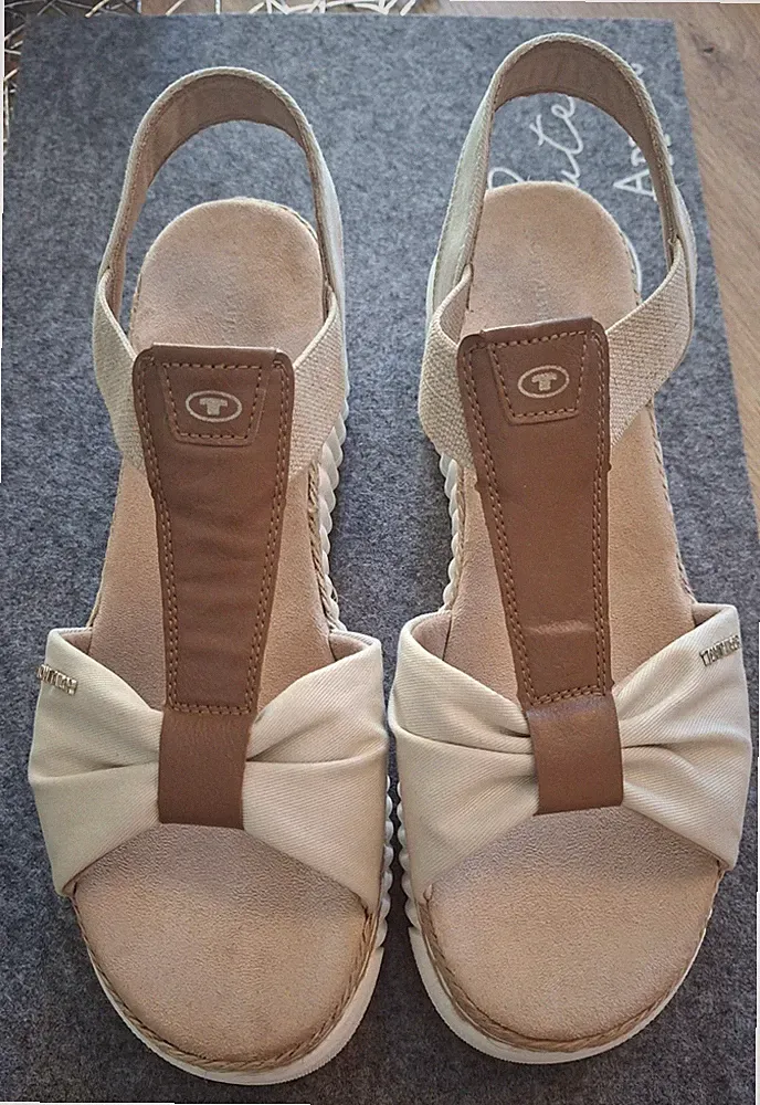 TOM TAILOR Damen Riemchen-Sandalen Keilabsatz Stoff Beige/Braun EU 41