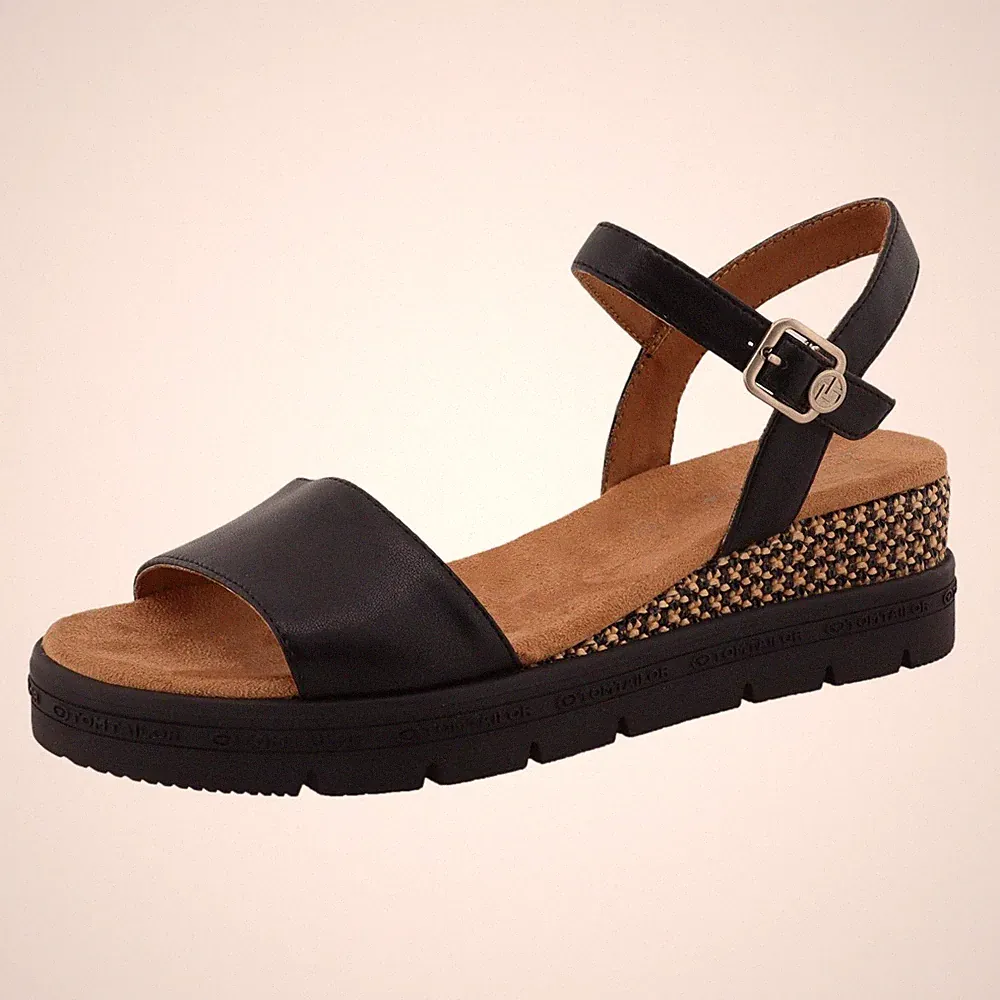 Tom Tailor Damen Sandale Keilsandale geometrisches Muster Schnalle Profilsohle