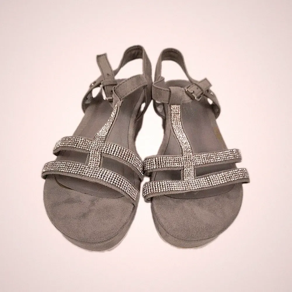 Tom Tailor Damen Sandalen Keilabsatz Grau Silber Strass Gr. 39