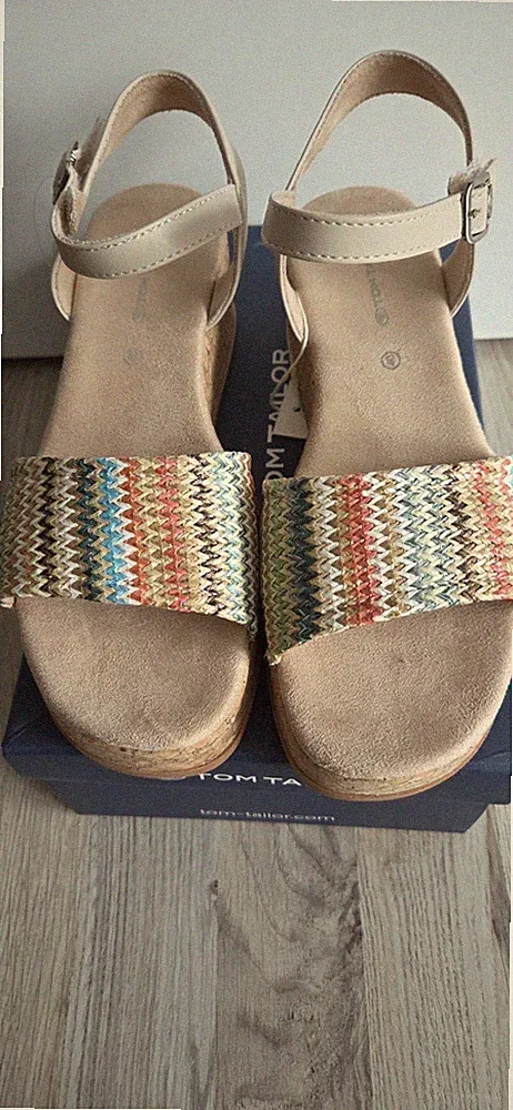 TOM TAILOR Damen Sandalen Keilabsatz Korkoptik Riemchen gestreift Gr. 40