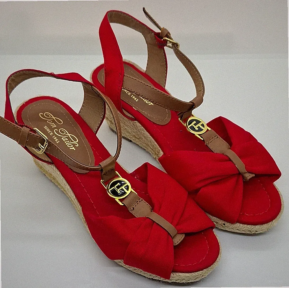 Tom Tailor Damen Slingback Sandalen Keilabsatz Stoff Schleife/Logo EU 36