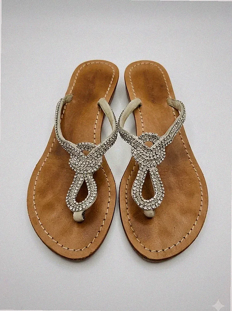 Tommy Bahama Crystal Bling Real Leather Low Wedge Thong Sandals Size 7 1.5” Heel