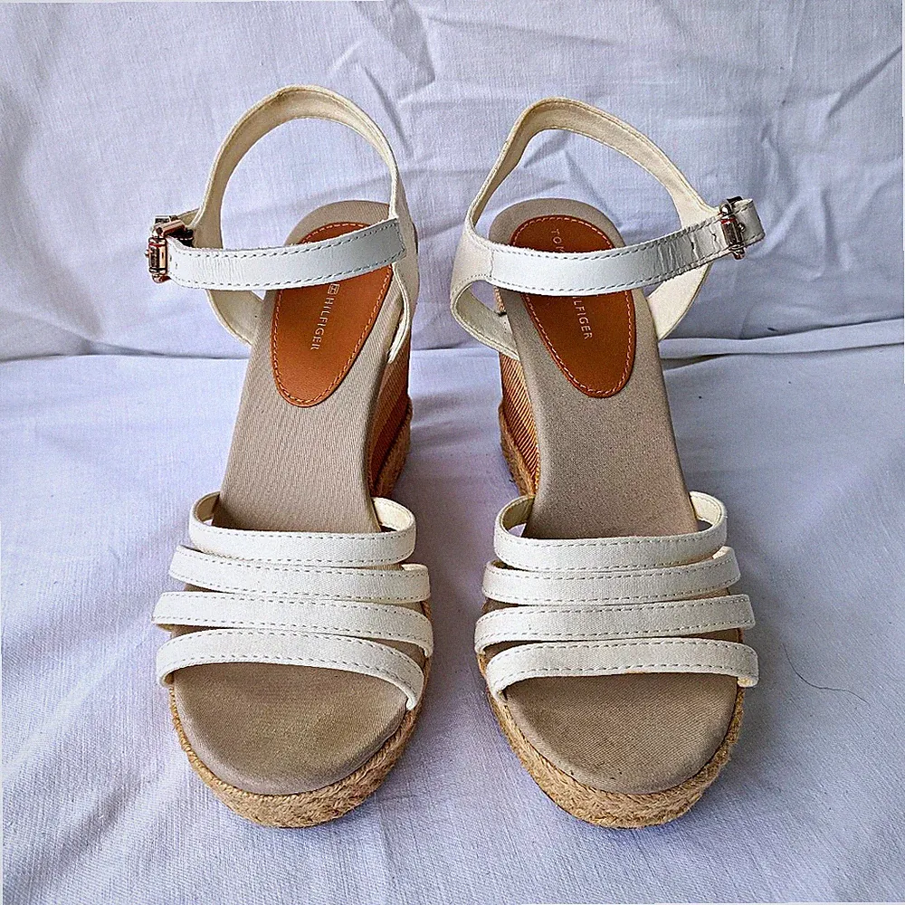 Tommy Hilfiger Damen Keilabsatz Riemchen-Sandalen Kunstleder Beige/Weiß Gr 39