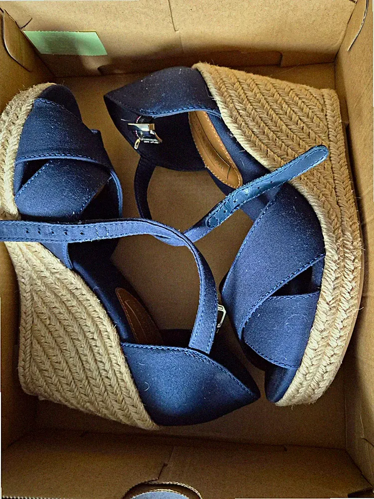 Tommy Hilfiger Damen Riemchen-Sandalen Keilabsatz Blau/Beige EU 37