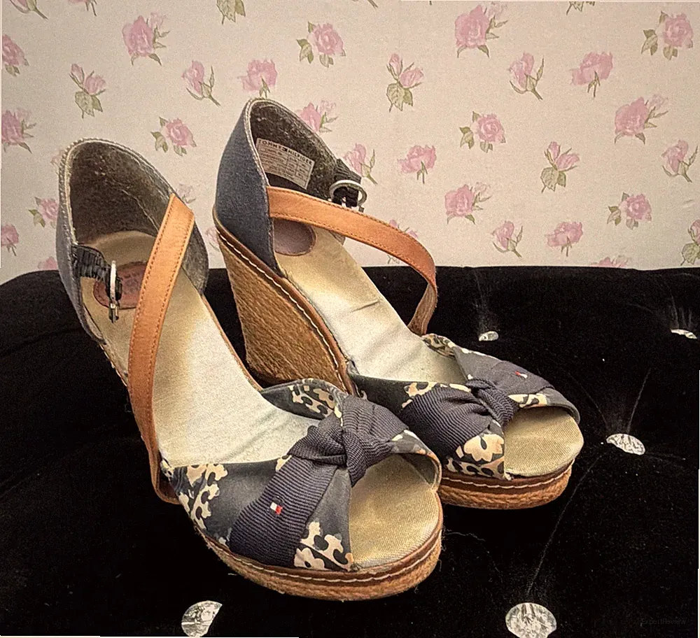 TOMMY HILFIGER Damen Sandalen Blau/Braun/Beige EU 40 Keilabsatz hoch Riemchen