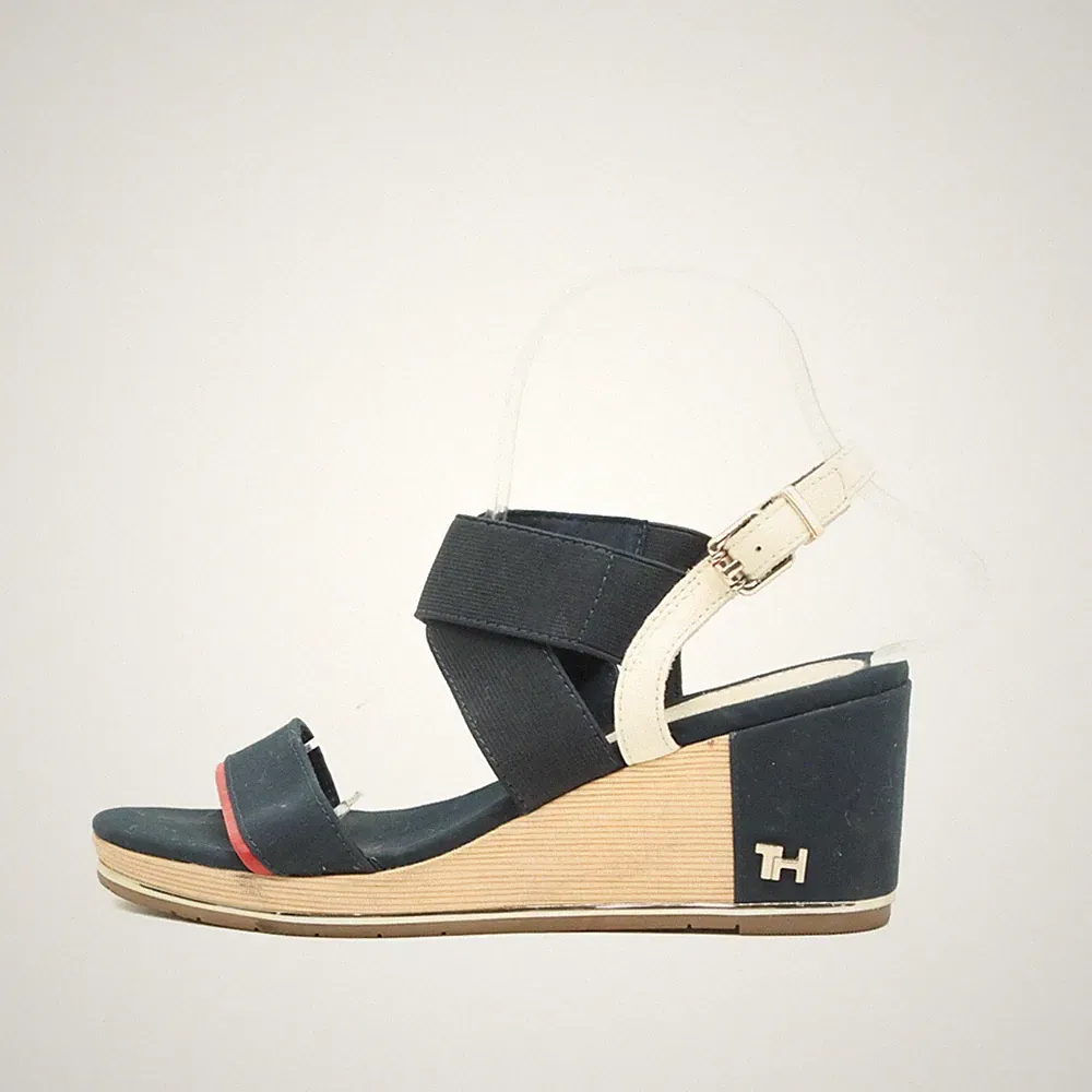 Tommy Hilfiger Damen Sandalen EU 37 TH Basic Hardware Mid Wedge Blau Weiß