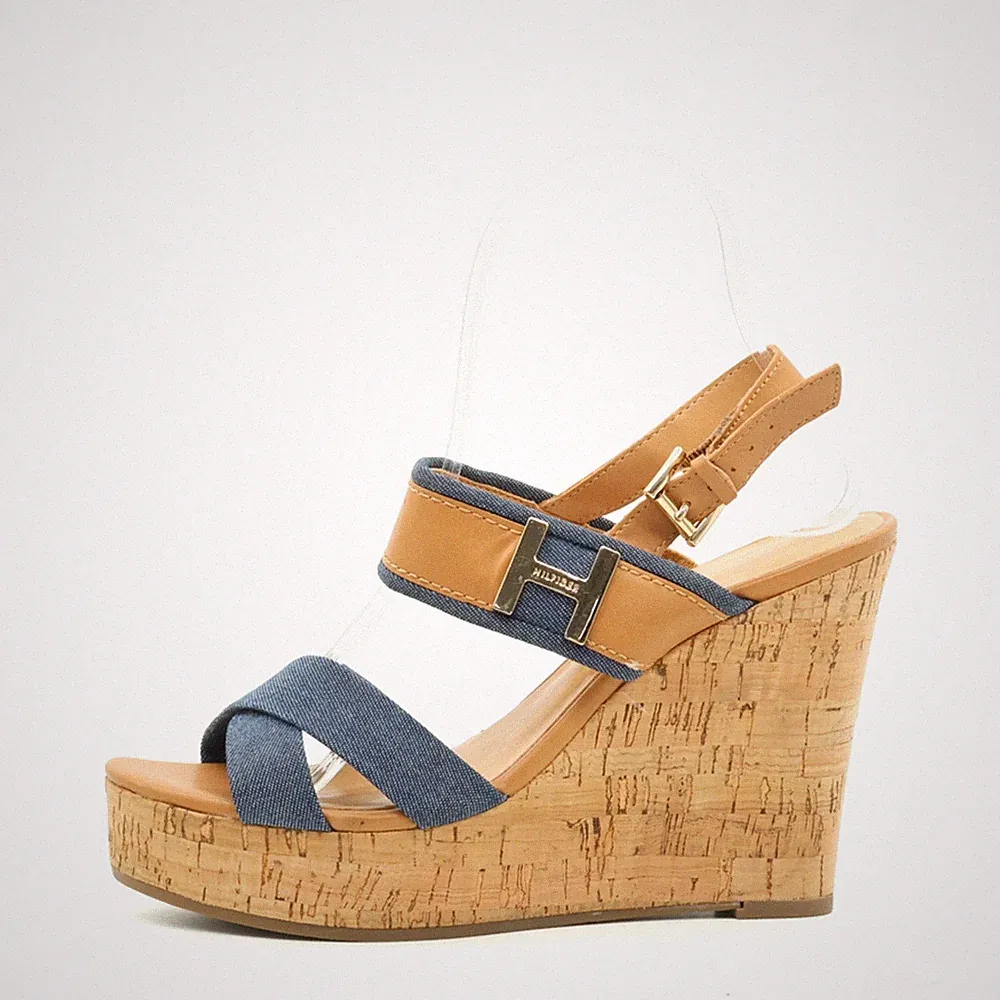 Tommy Hilfiger Damen Sandalen EU 38 Keil Blau Denim Gepolstert Keilabsatz