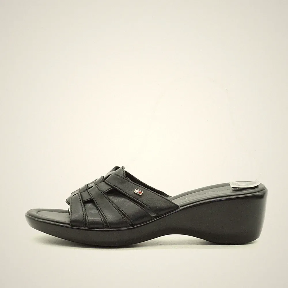 Tommy Hilfiger Damen Sandalen EU 38 Merry Schwarz Leder Bequemes Fußbett Casual