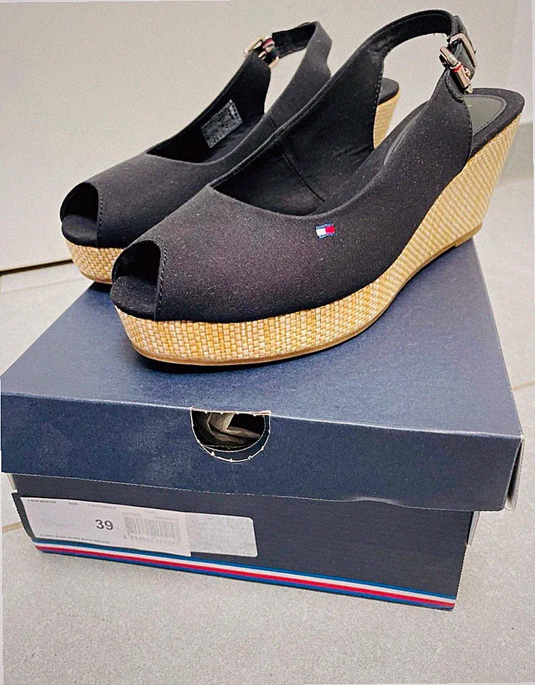 Tommy Hilfiger Damen Schuhe Sandalen Keilabsatz Schwarz/Beige EU 39 Neu