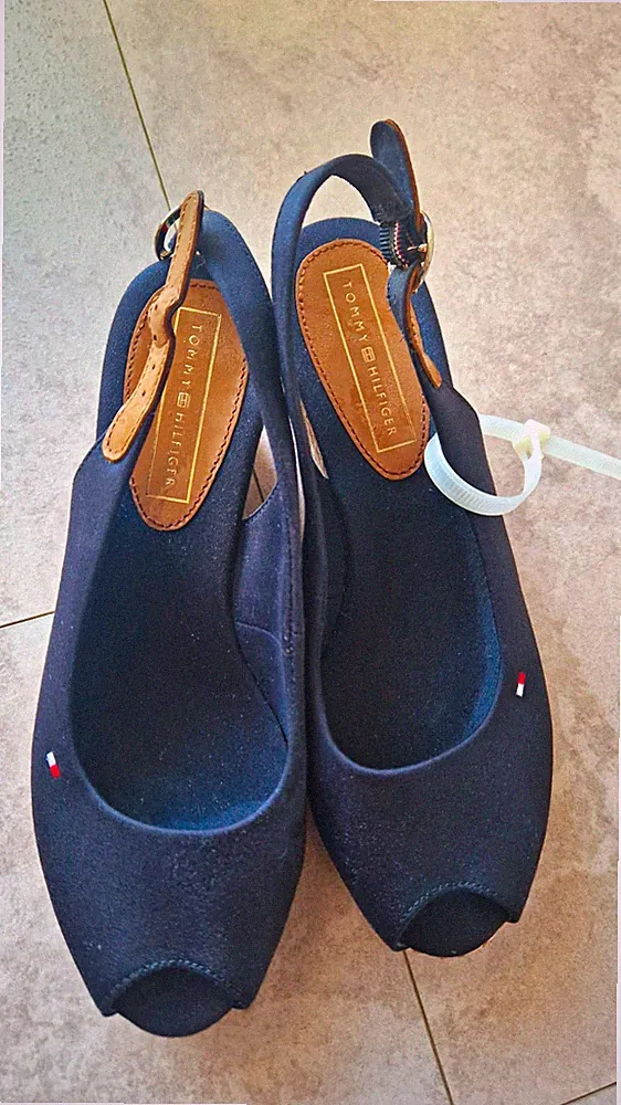 Tommy Hilfiger Damen Slingback Sandalen Keilabsatz Blau Beige Logo EU 37