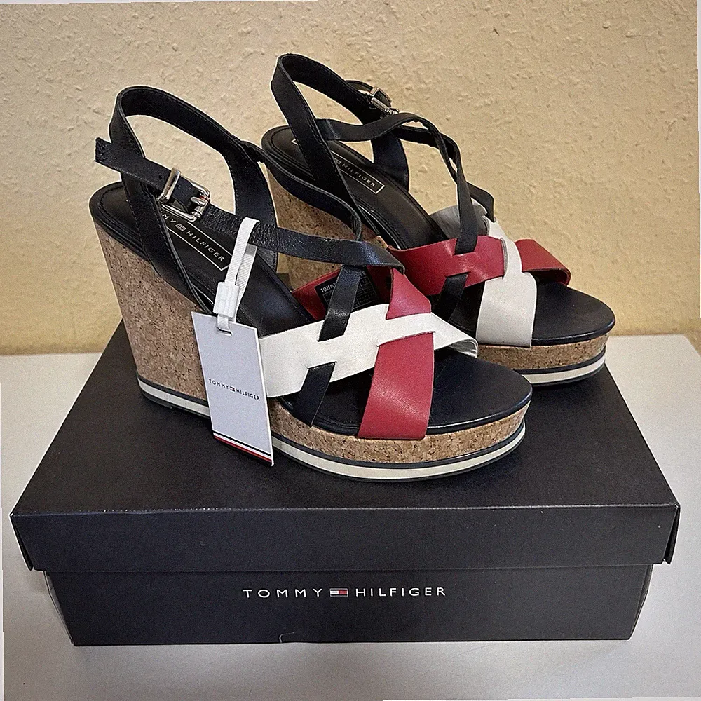 Tommy Hilfiger Damen Wedges Sandalen Gr. 40 Leder Rot Schwarz Weiß Neu