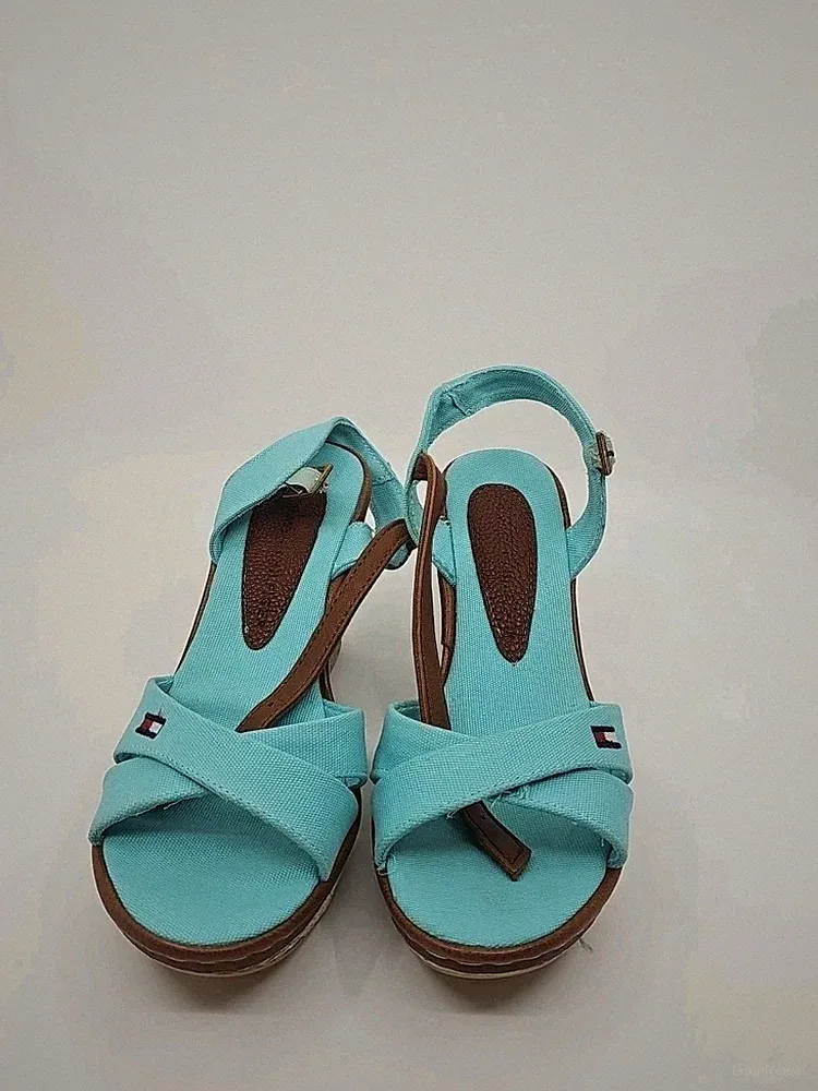 Tommy Hilfiger Designer UK4 37 DAMEN CANVAS SANDALEN MIT NIEDRIGEM KEILABSATZ