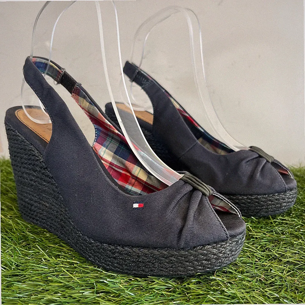 Tommy Hilfiger Heels Größe 5 Damen schwarz Hanf Slingback Keilabsatz Espadrilles Slipper