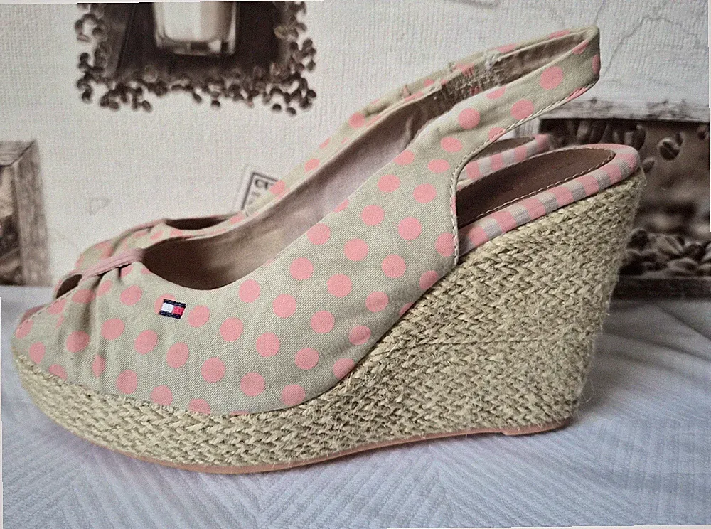 Tommy Hilfiger Wedges Keilsandaletten Beige mit rosa Punkten Größe 37 *Top*