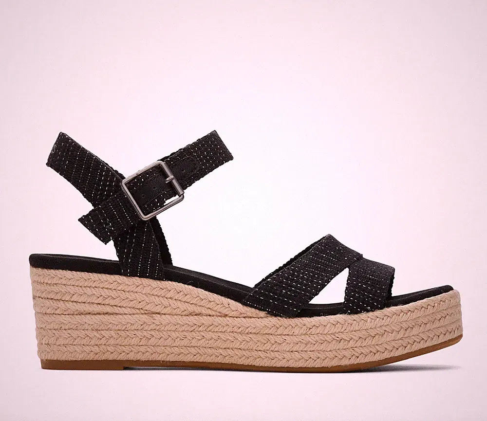 Toms Audrey Damen-Espadrille-Sandalen UK5 schwarz metallic Leinenstreifen Keilabsatz