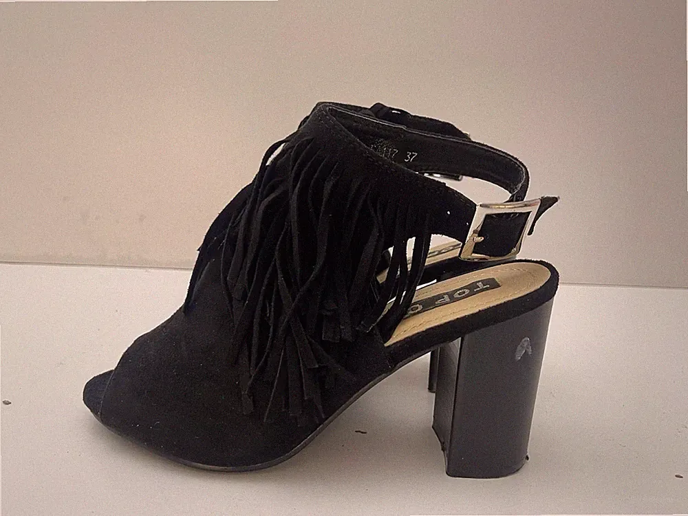 TOP OR schwarze Sandalen offene Zehenpartie Schnalle Webmuster Blockabsatz Größe 4 /37 - B22