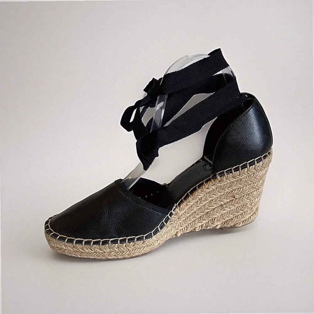 Topshop schwarze Damen-Espadrille-Sandalen Echtleder mit Band zum Binden Keilabsatz UK 6