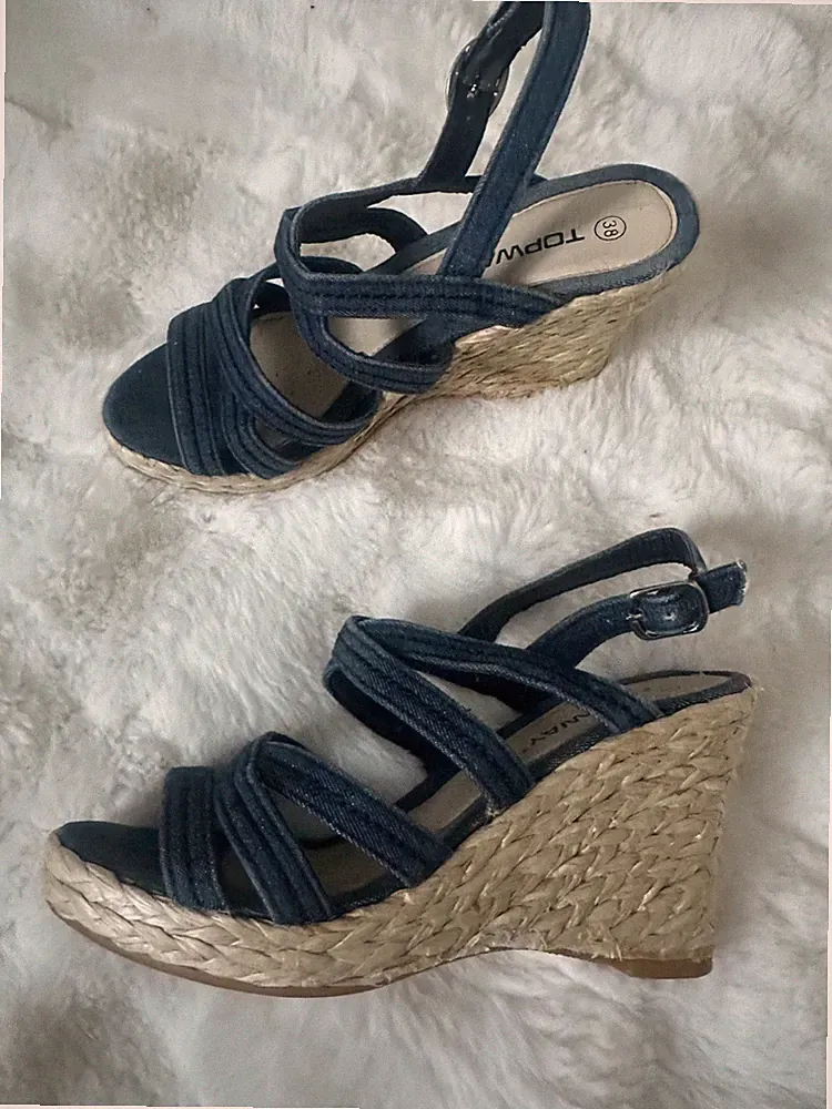 Topway Damen Keilabsatz-Sandalen Riemchen blau Jeans Gr. 38