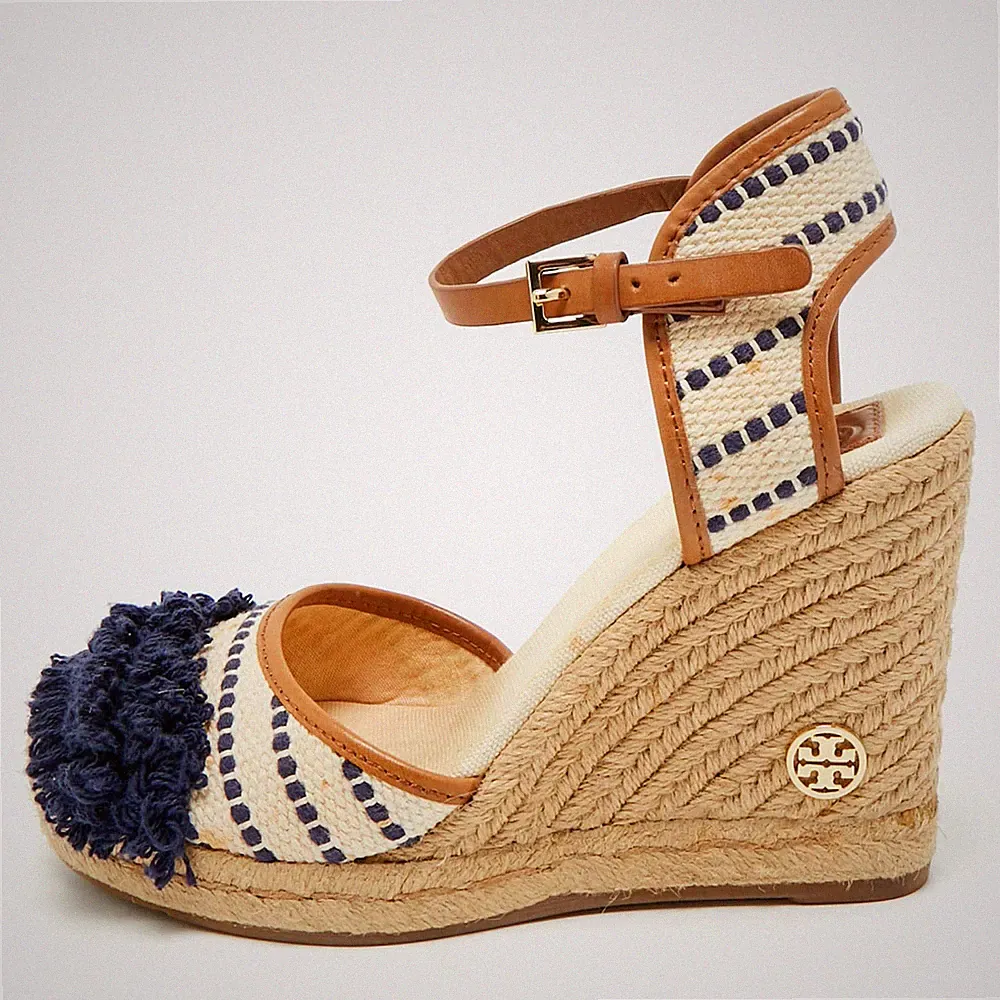 Tory Burch Espadrille-Sandalen mehrfarbig Canvas und Lederbesatz Keilabsatz G...