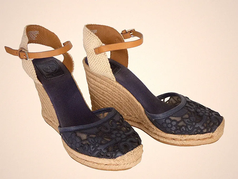 Tory Burch Espadrille Wedges Sandalen Lucia US 10 Navy Blau Hellbraun Schnürschuhe