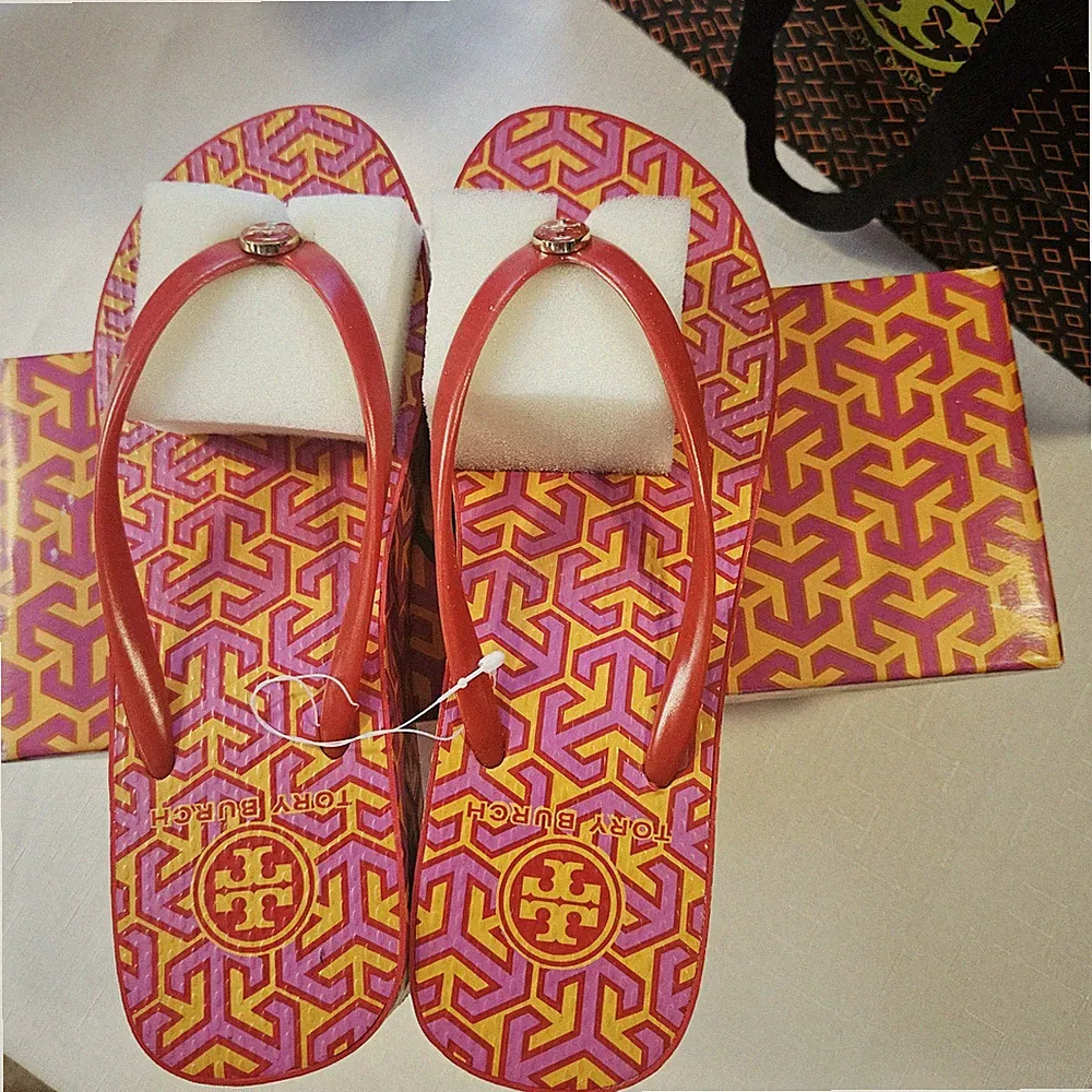 Tory Burch Flip Flop Thandie Wedge Flip Flop-PVC Size 7 Orange Pink