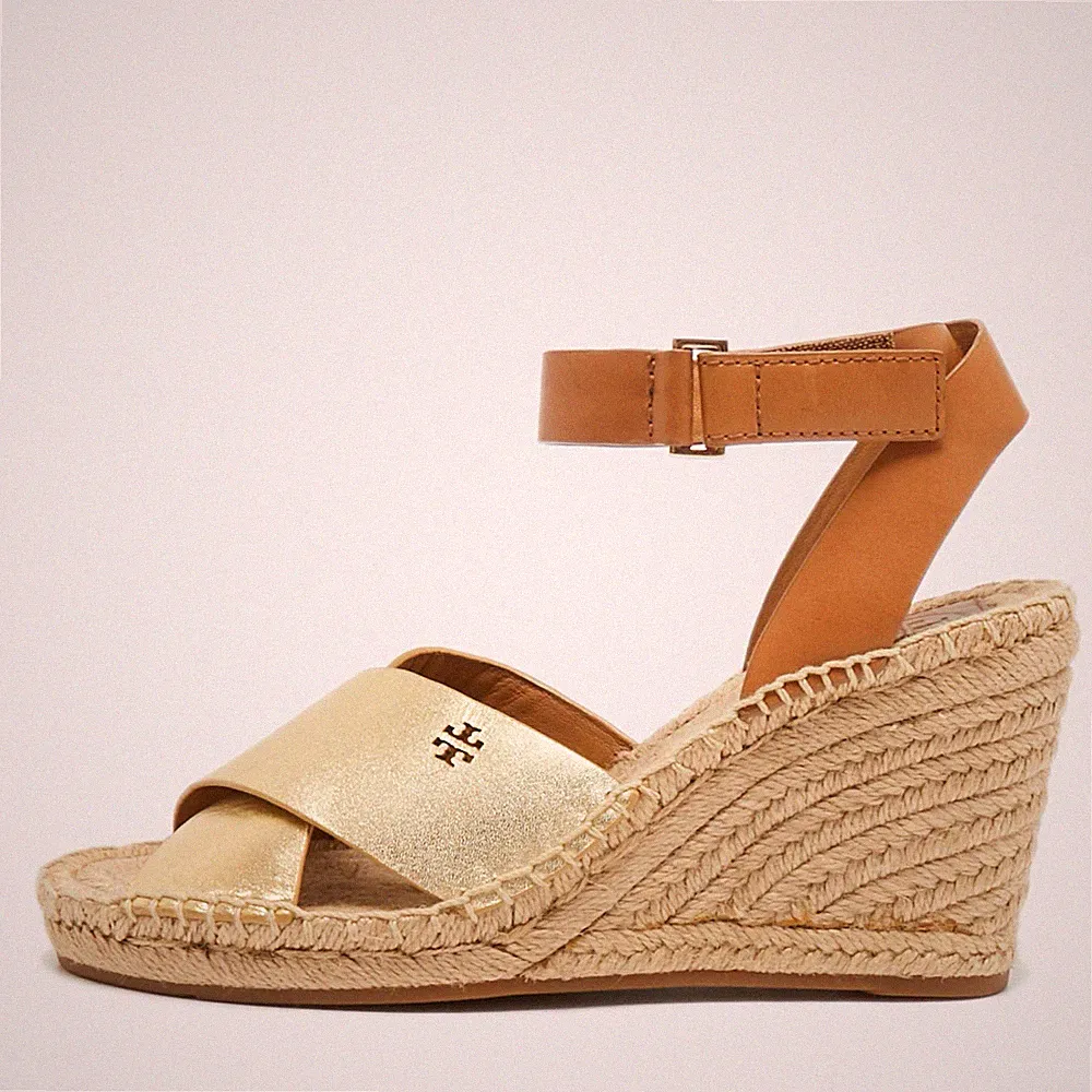 Tory Burch Größe 36,5 Goldbraun Leder Knöchelriemen Keilabsatz Sandalen