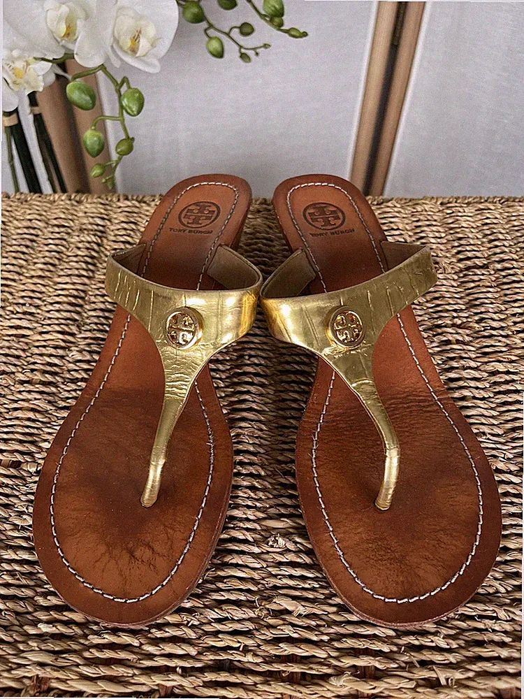 Tory Burch Keilabsatz Gold Zehenstegsandalen Slipper US 10 / UK 7,5