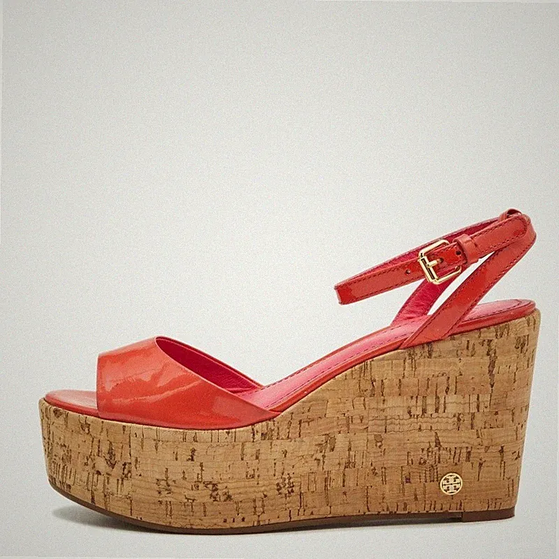 Tory Burch Keilabsatz-Sandalen rosa Lackleder Dahlie Kork Größe 36