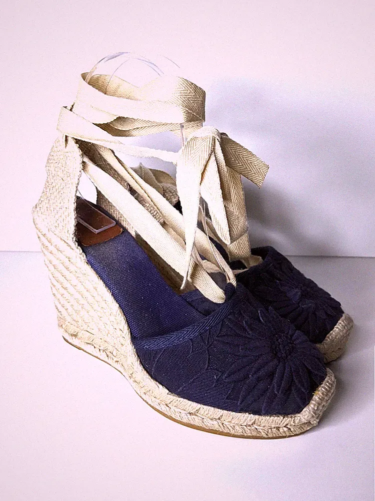 TORY BURCH Sandalen Espadrilles Wedge Kailabsatz 37 DUNKEL BLAU bestickt Blumen