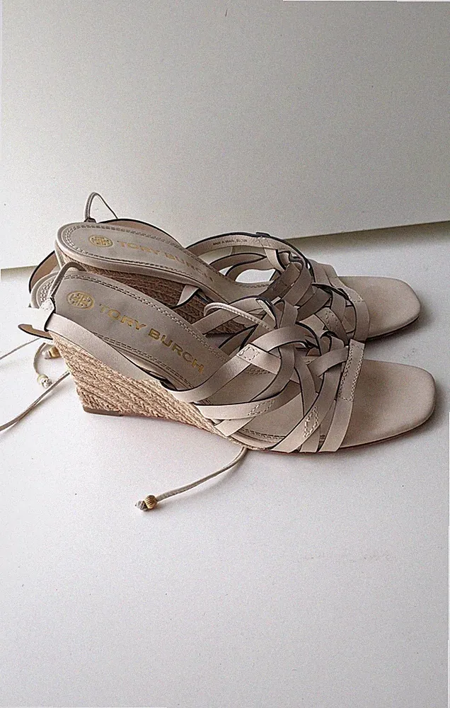 TORY BURCH Sandalen Wedge Leder Gr. 40.5 Espadrilles BEIGE CREME WEIß Riemchen