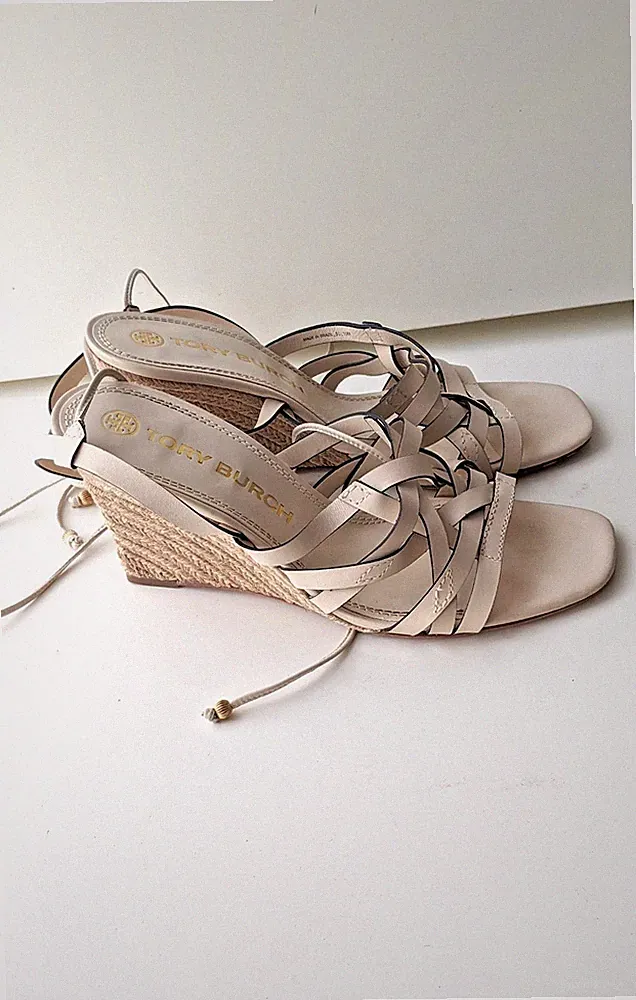 TORY BURCH Sandalen Wedge Leder Gr. 40.5 Espadrilles BEIGE CREME WEIß Riemchen