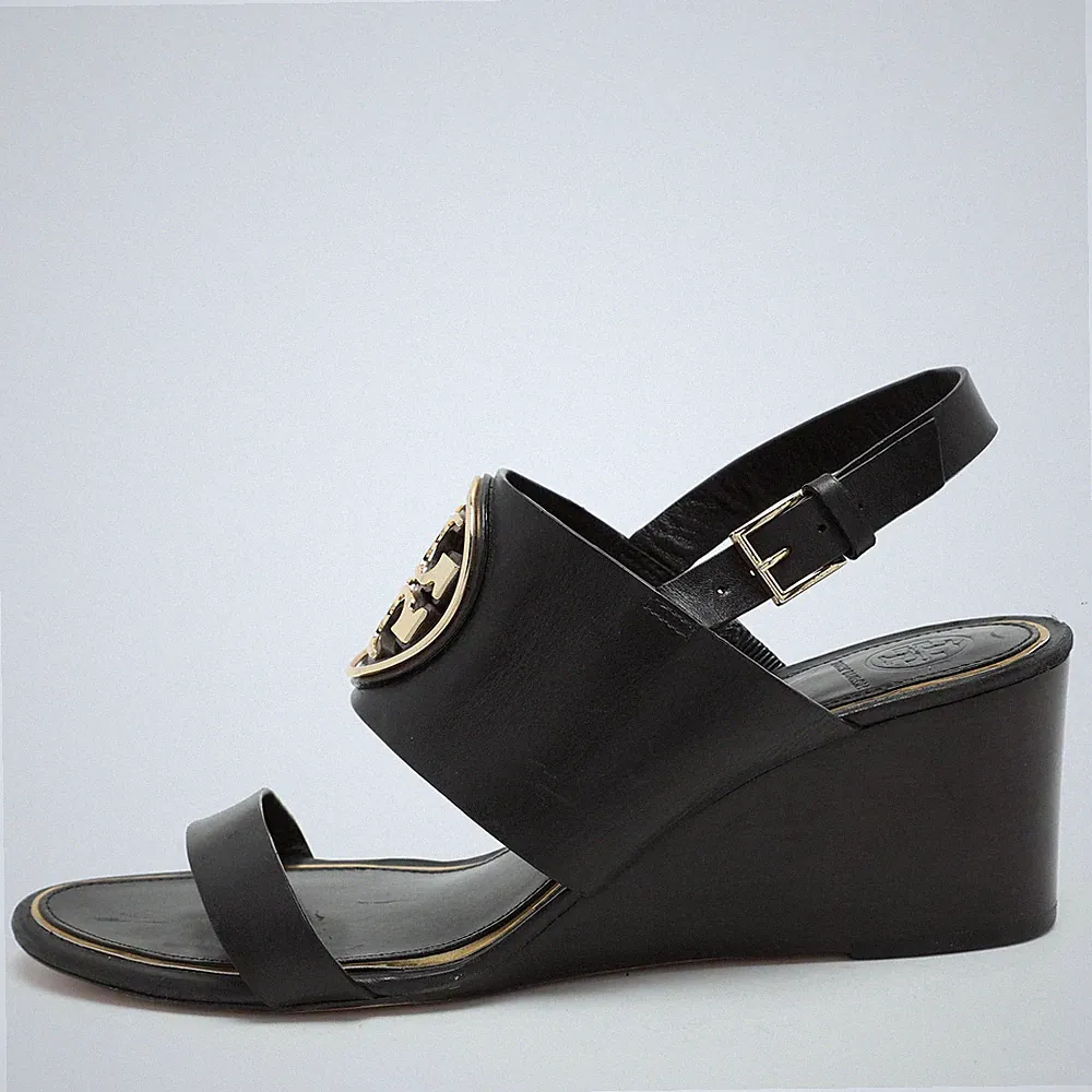 Tory Burch schwarze Leder Metall Miller Slingback Keilabsatz Sandalen Größe 39