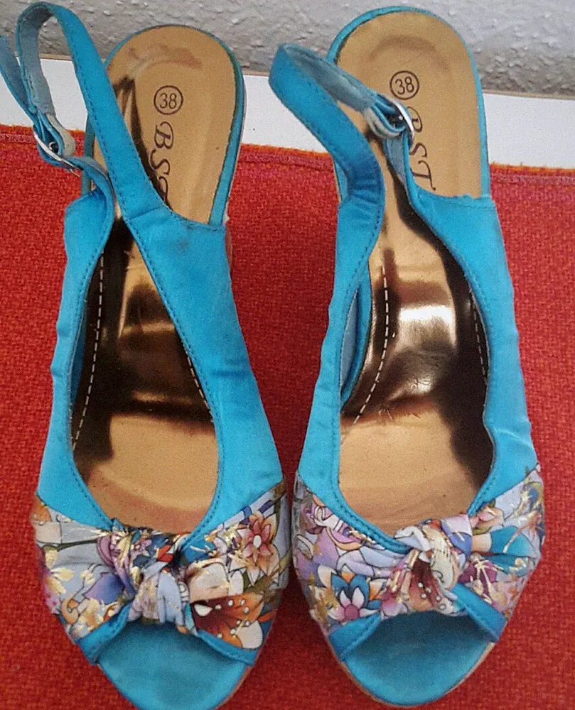 Türkis/Bunt geblümt hohe offene Wedges Pumps Keilstiefeletten mit Schleife in 38