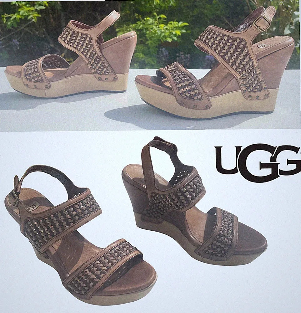 UGG Assia Brown Woven Leather Wedge Sandals Platform Strappy Stud EU 39 | UK 6,5