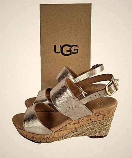 UGG Australia Elena Metallic Sandalen mit Keilabsatz Leder Gr.36, Neu !!