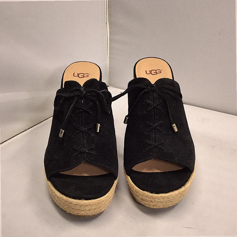 UGG Giorgia Keilabsatz-Pantoletten Sandalen schwarz Wildleder Espadrille Plateau Damengröße 5 UK