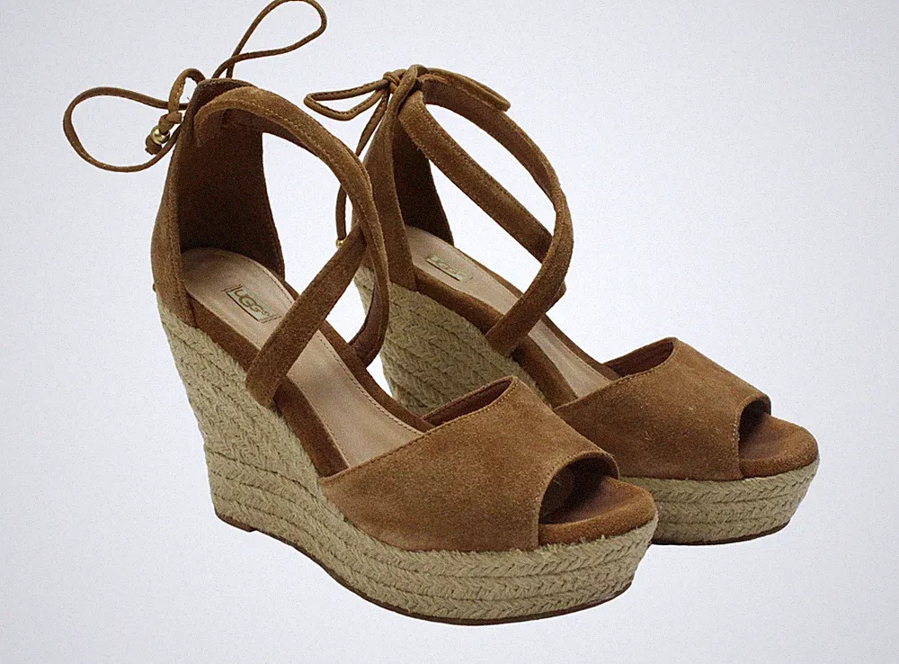 Ugg Schuhe Damen US 7 Keilabsatz Sandalen Braune Slipper Riemen Offen Zehen