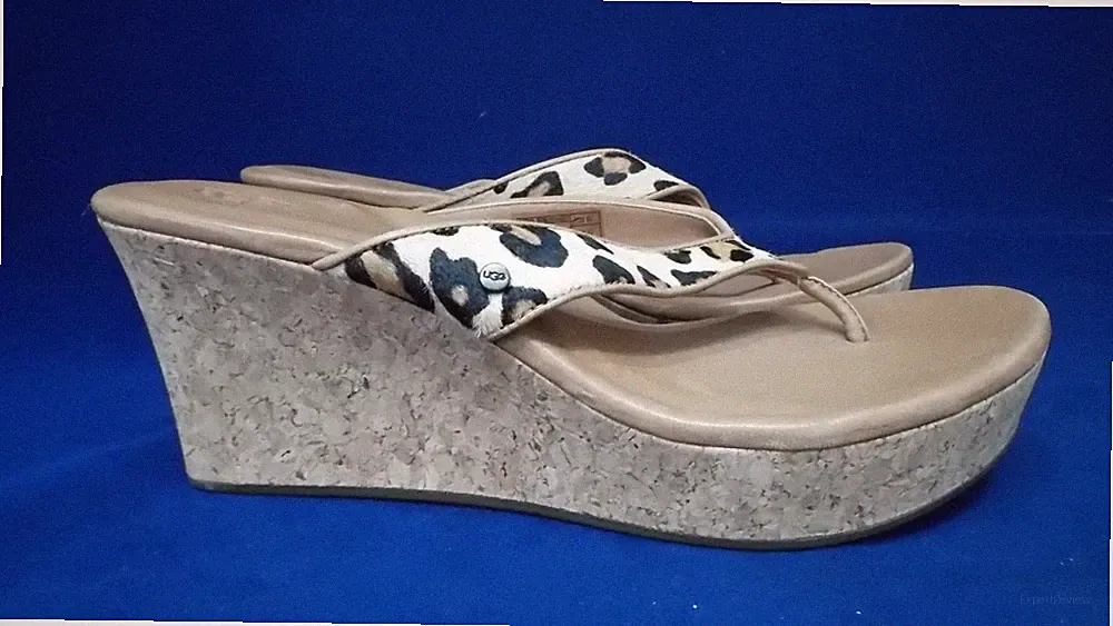 UGG UK 6 1/2 PONYFELL KORK KEILABSATZ PLATEAU ZEHENSTEG PANTOLETTEN / SANDALEN