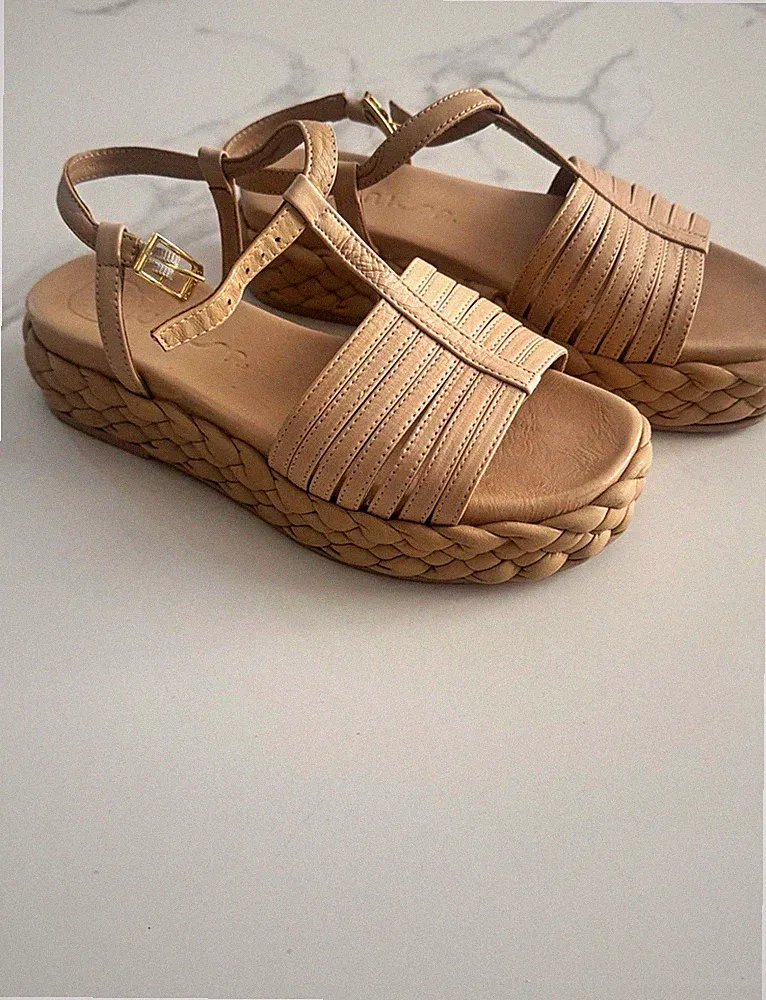 Unisa Damen Keilabsatz-Sandalen EU 37 Beige Leder Knöchelriemen Schnalle