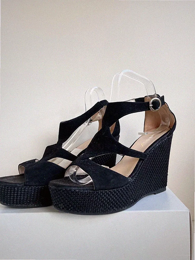 UNISA SCHWARZE WILDLEDER PLATEAUSOHLE & KEILABSATZ SANDALEN GRÖSSE 6/39