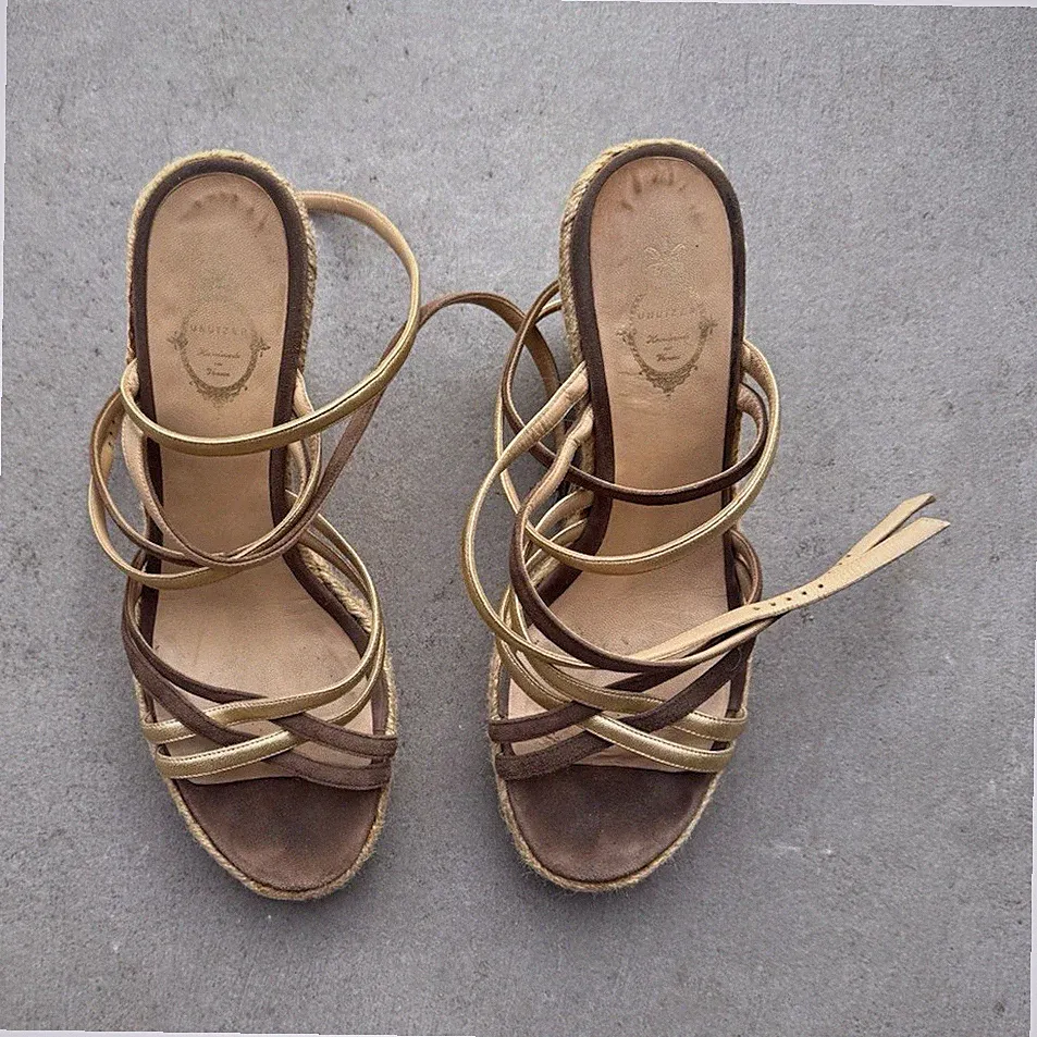 Unützer Damen Sandalen Keilabsatz Riemchen Leder Braun Gold Größe 38