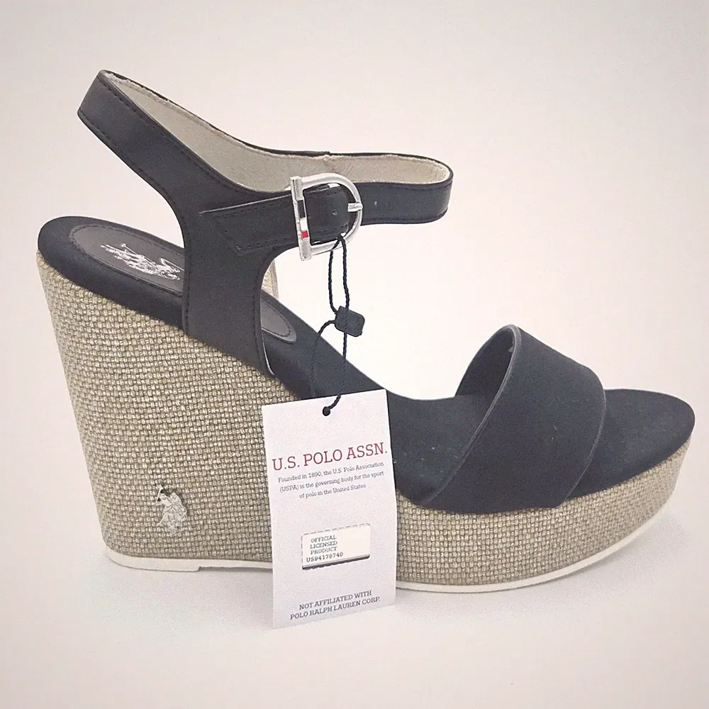 US Polo Assn Damen Sandalen Keilabsatz Schwarz Echtleder Look Gr. 41 3 cm