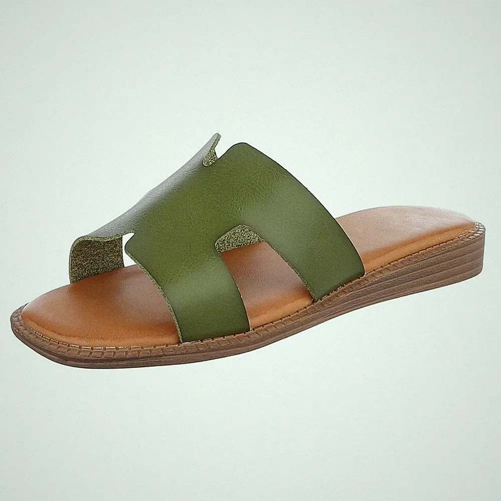 Used Look Damen Mules mit Offener Ferse Ital-Design 6316 in Grün