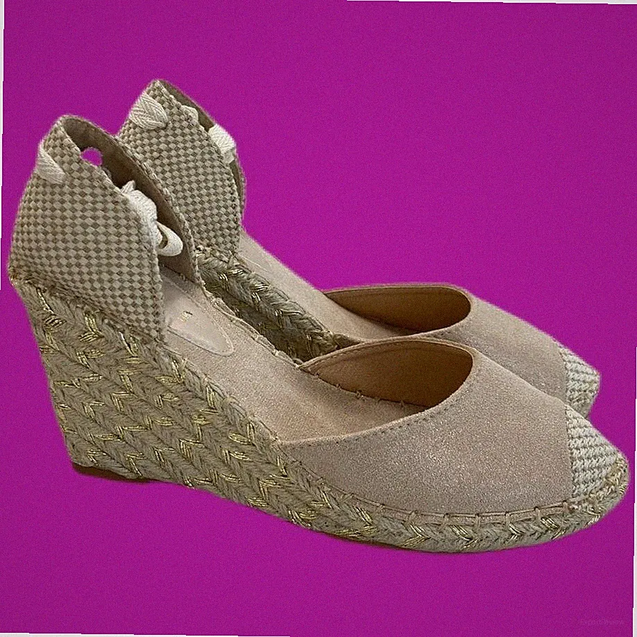 V by Very Bea Keilabsatz Schnürsandalen, Metallicfaden Espadrilles, gold, UK 3