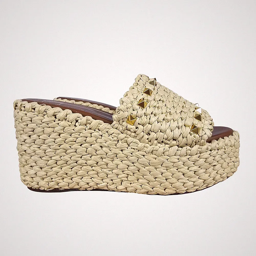 Valentino Garavani Rockstud Damen Beige Raffia Plateau Sandalen Größe UK 3 EU 36