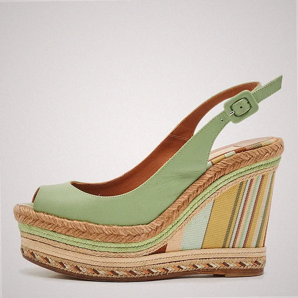 Valentino hellgrüne Leder-Espadrille-Sandalen Native Couture 1975 Keilabsatz...