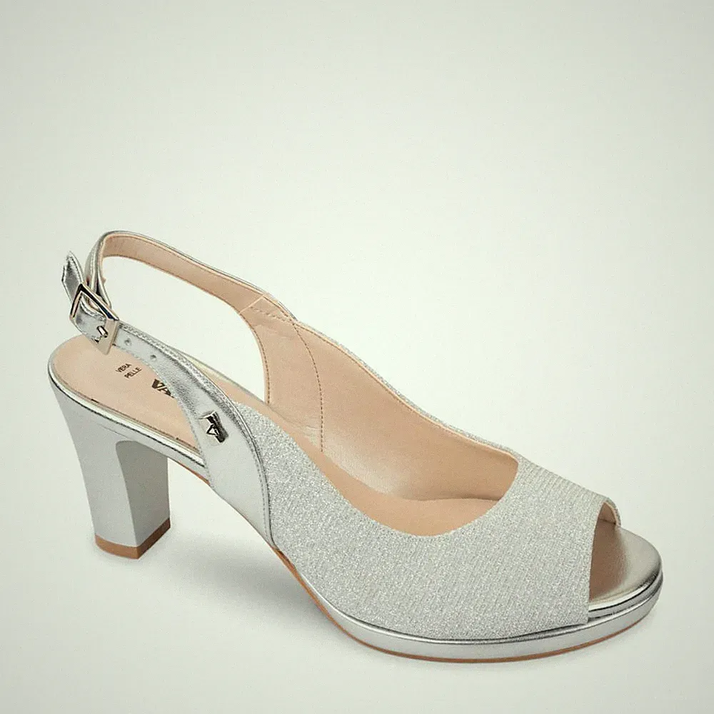 Valleverde 28340 Sandalen Leder und Stoff silber Absatz 8,5 cm