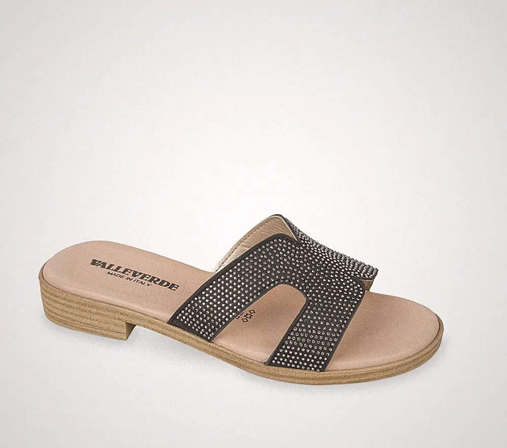 Valleverde 55400 Sandalen Pantoletten schwarz mit Strass Absatz 2,5 cm Made in Italy