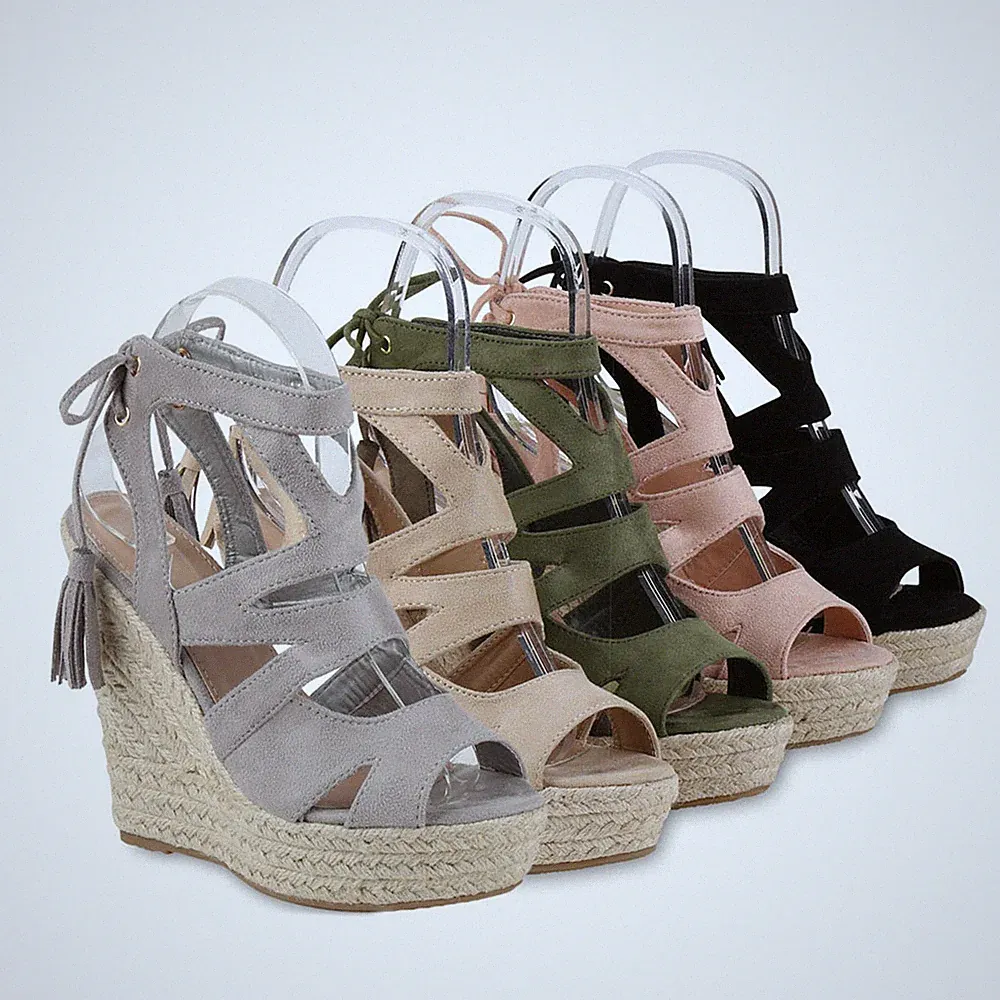 VAN HILL Damen Keilsandaletten Plateau Sandalen Bast Quasten Schnürung Sommer