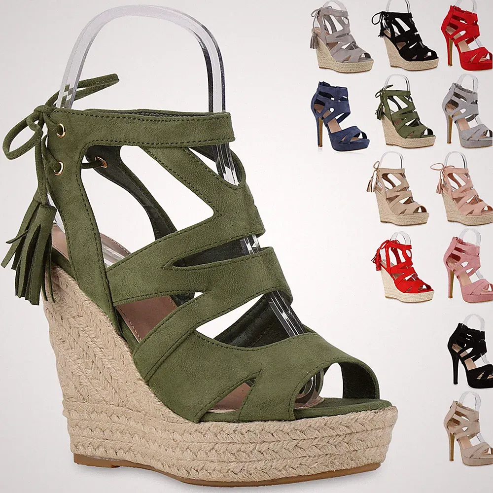 VAN HILL Damen Keilsandaletten Plateau Sandalen Bast Quasten Schnürung Sommer
